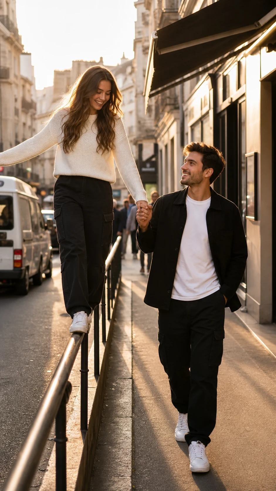 Golden-Hour Handrail Street Stroll Couple Prompt, image 2
