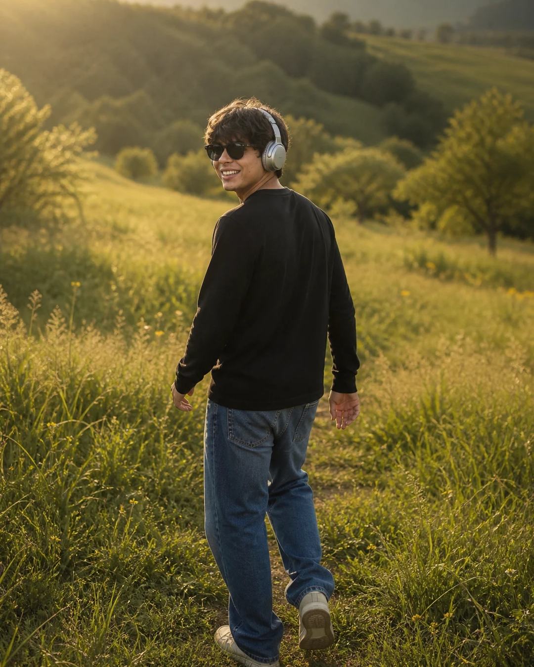 Golden Hour Meadow Headphones Walking Photo Prompt, image 1