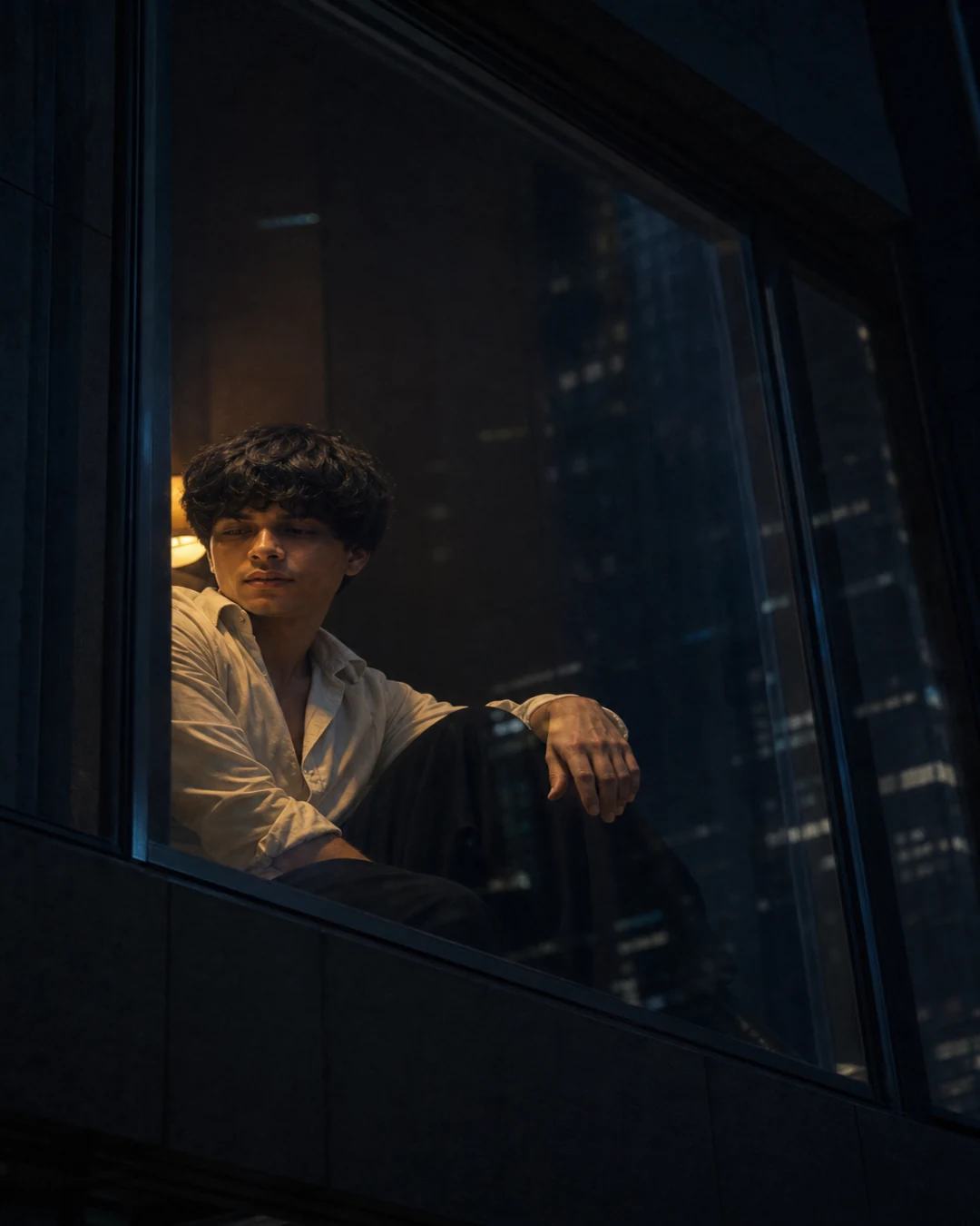 Penthouse Window Neo-Noir Portrait Photography Prompt, image 2