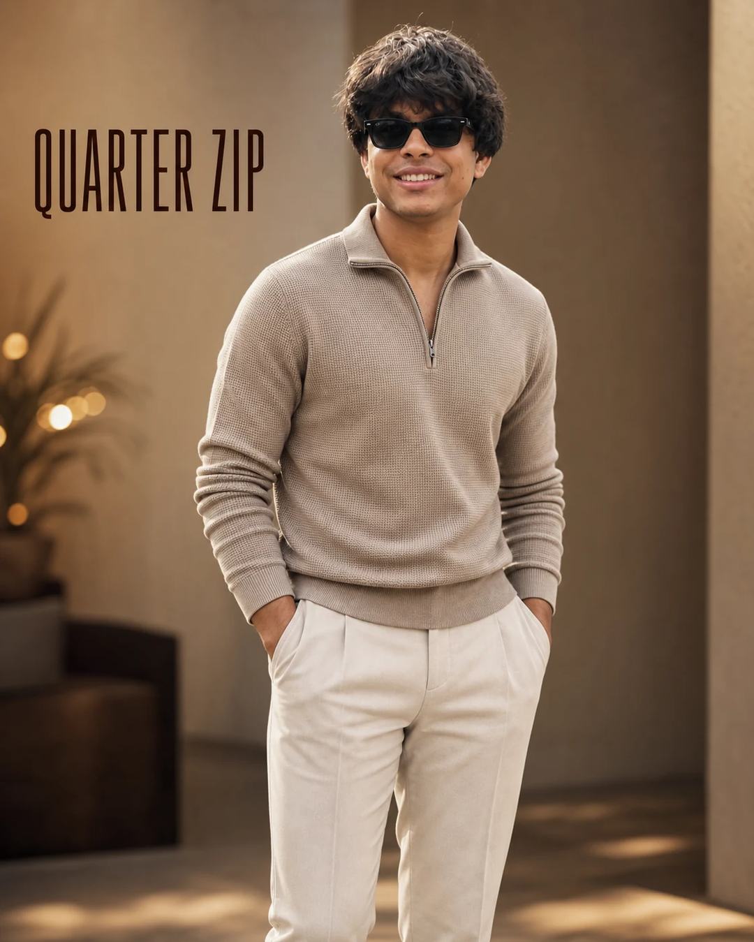 Beige Quarter-Zip Cinematic Editorial Portrait Prompt, image 1