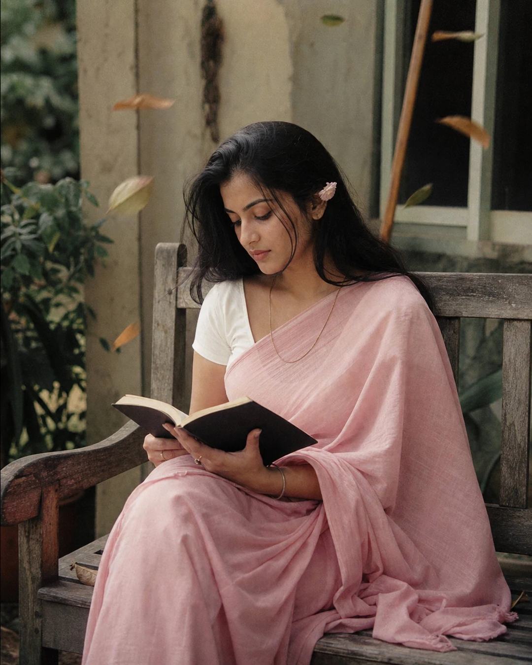 Pink Saree Holy Bible Vintage Bench Photo Prompt — image 3