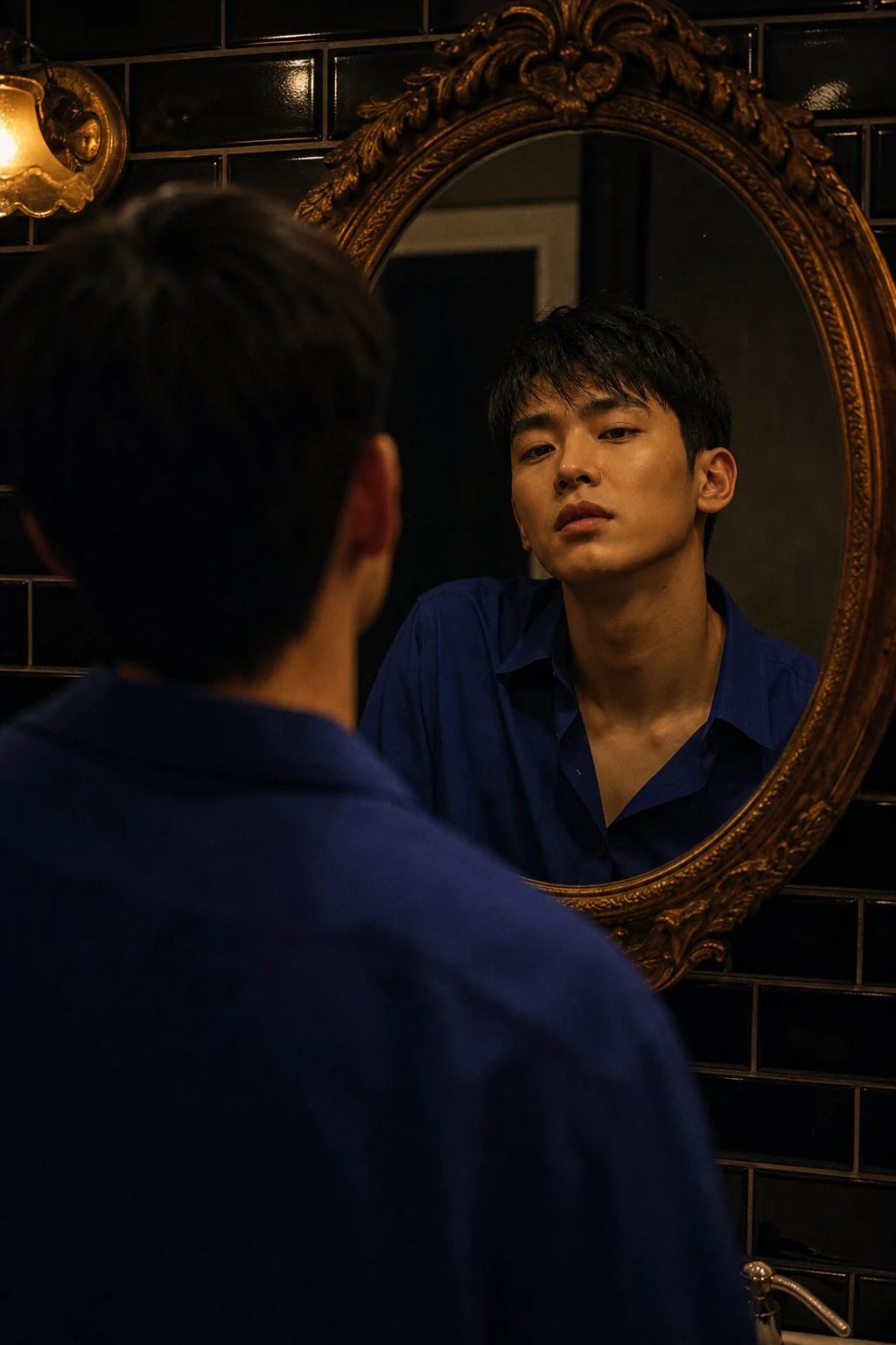 Cinematic Bathroom Mirror Over-Shoulder Portrait Prompt, image 4