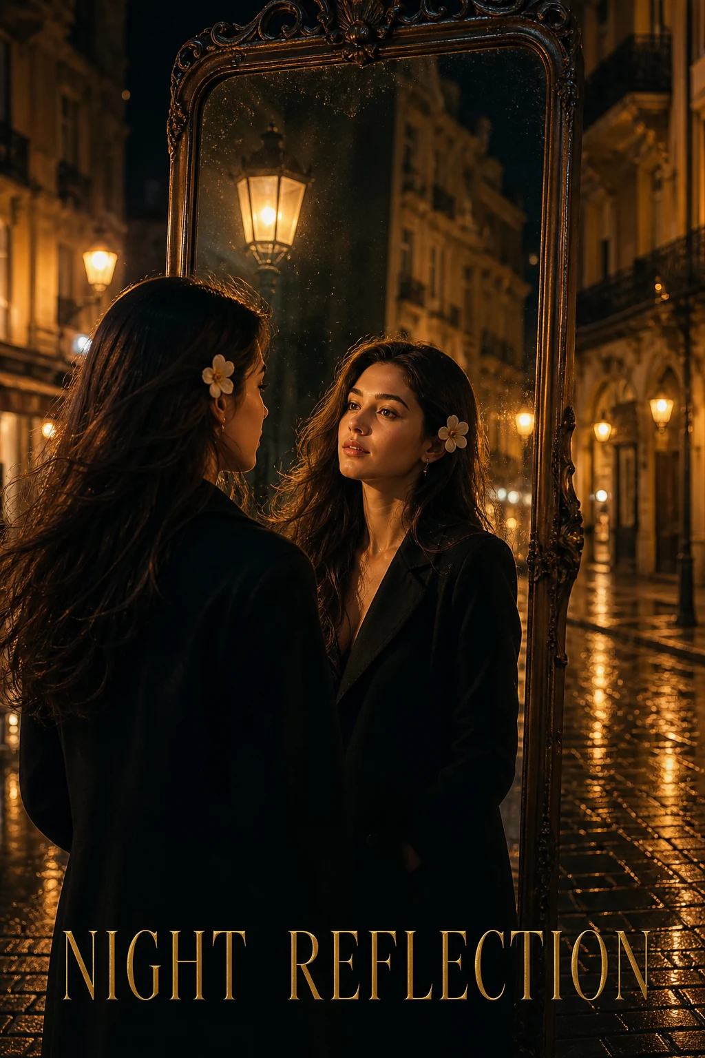 Vintage Mirror Reflection Night Portrait Prompt, image 1
