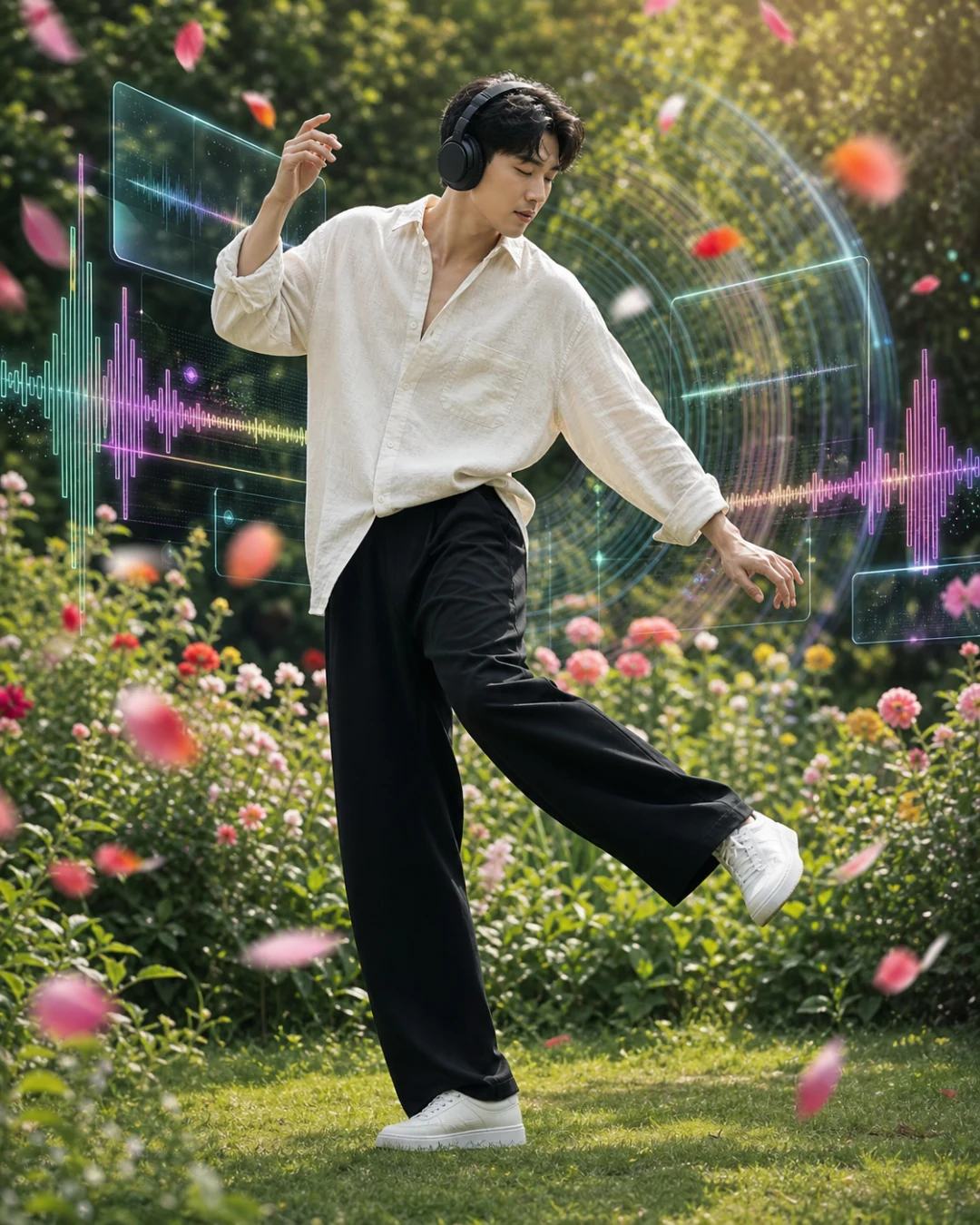 Mid-Dance Music Garden Editorial Portrait AI Prompt, image 4