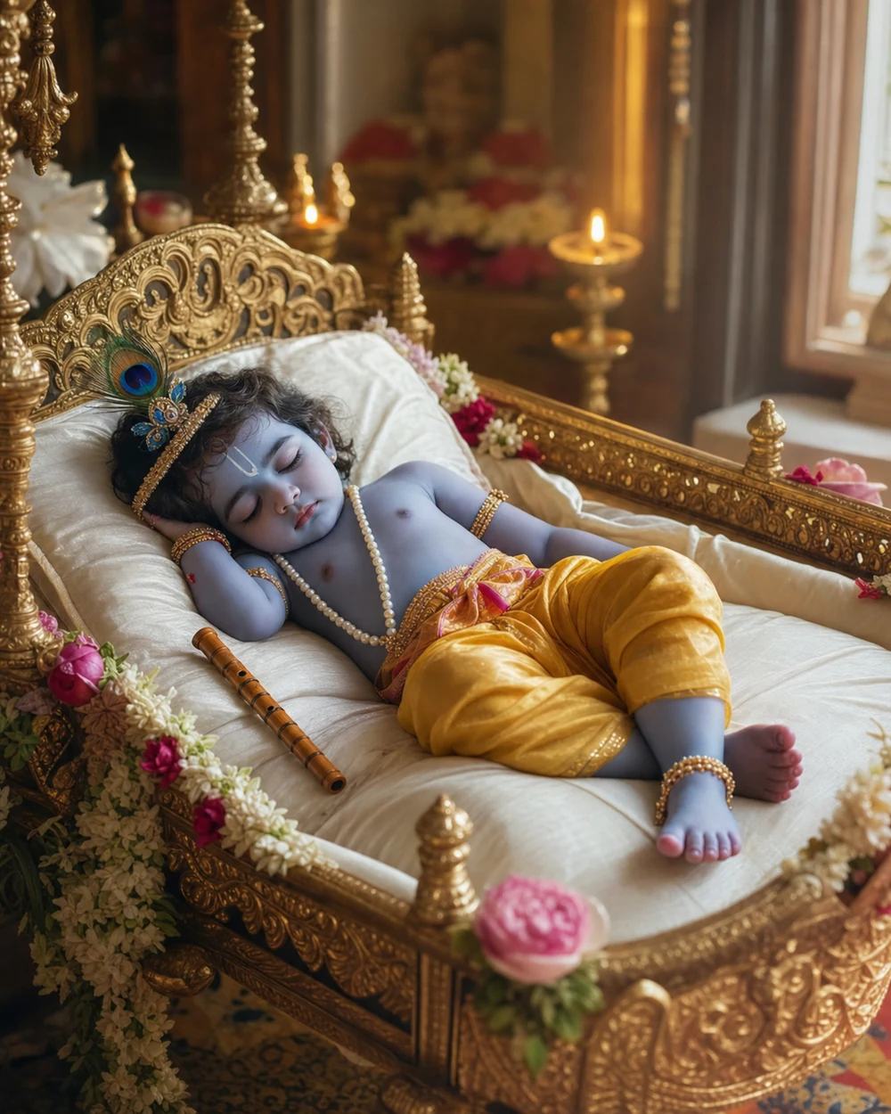 Sleeping Baby Krishna Golden Cradle AI Photo Prompt — image 1