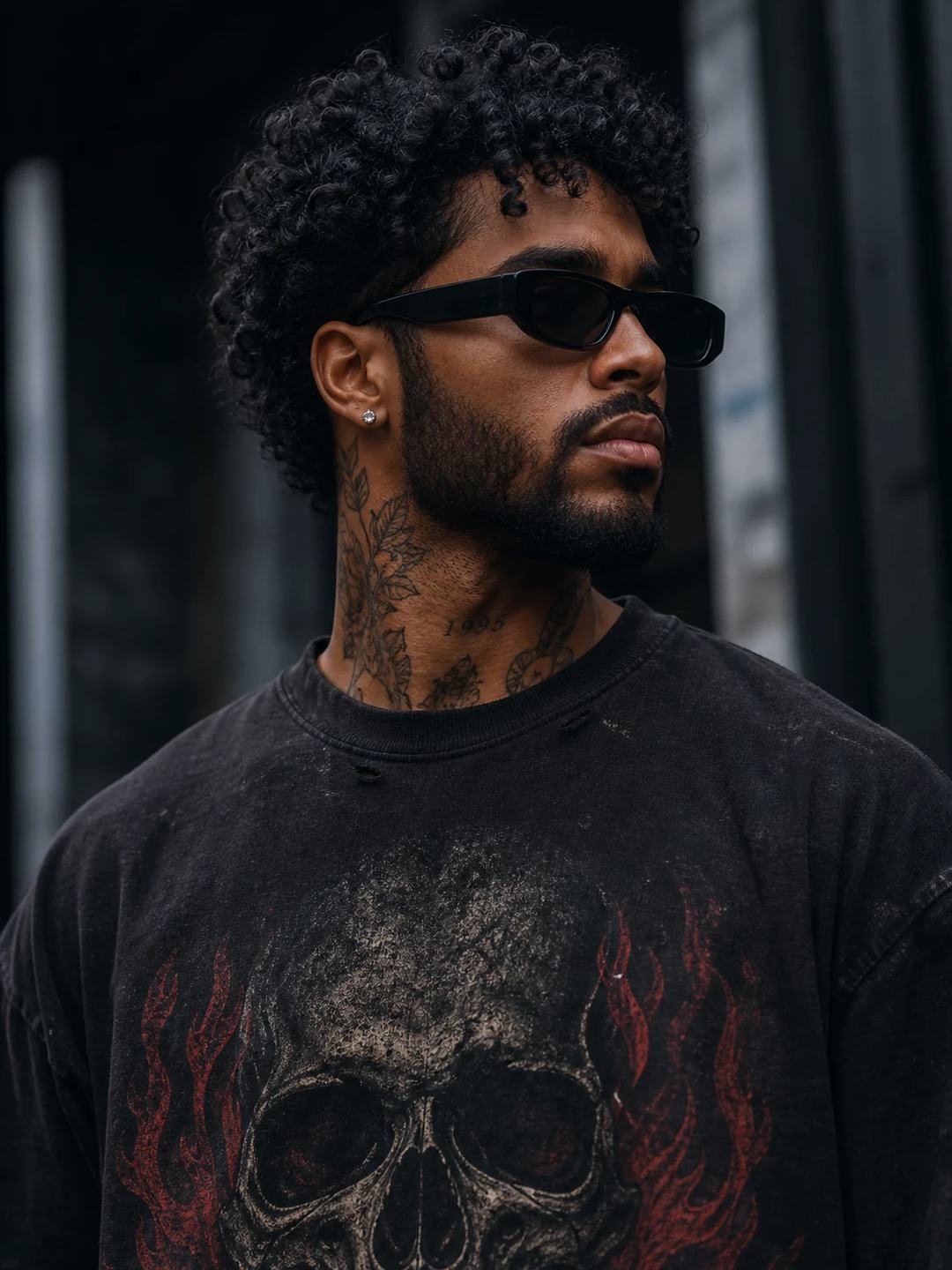 Cinematic Moody Neck Tattoo Graphic Tee Portrait Prompt, image 3