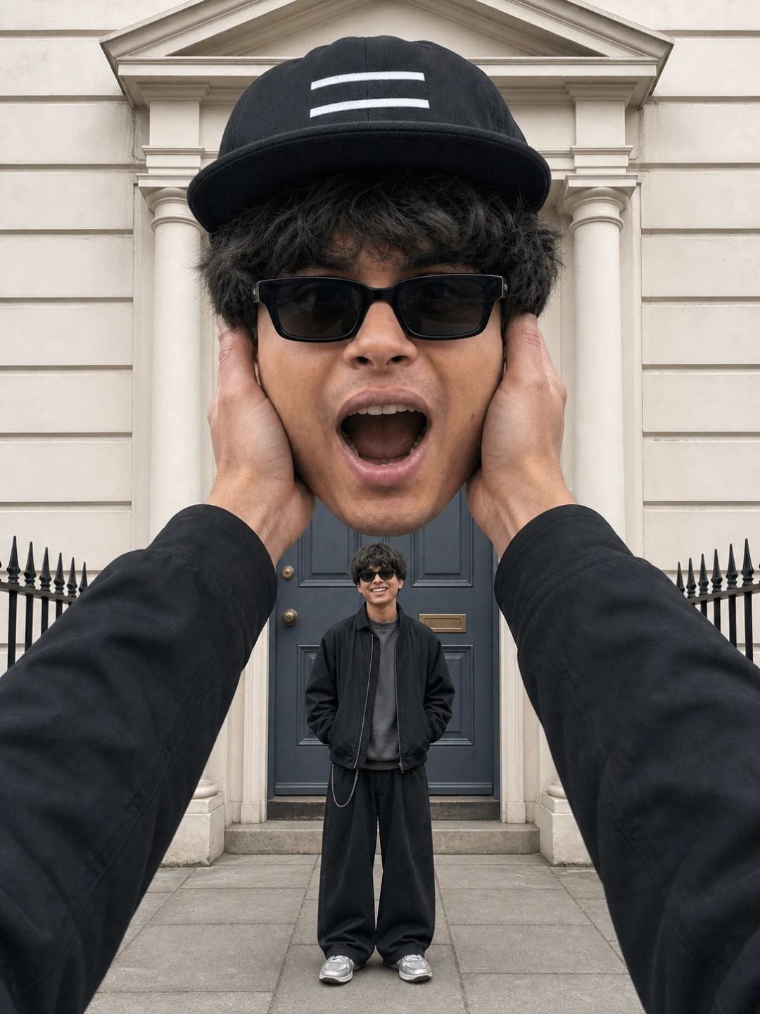 Giant Selfie Head and Hands Scale Effect AI Prompt, image 1