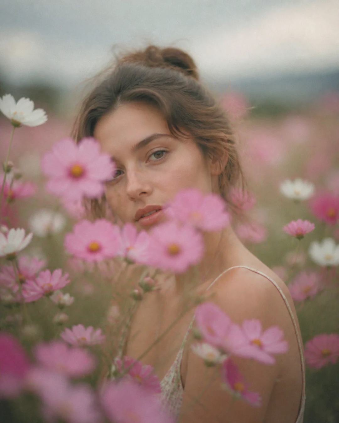 Dreamy Cosmos Flower Field Cinematic Portrait Prompt, image 2
