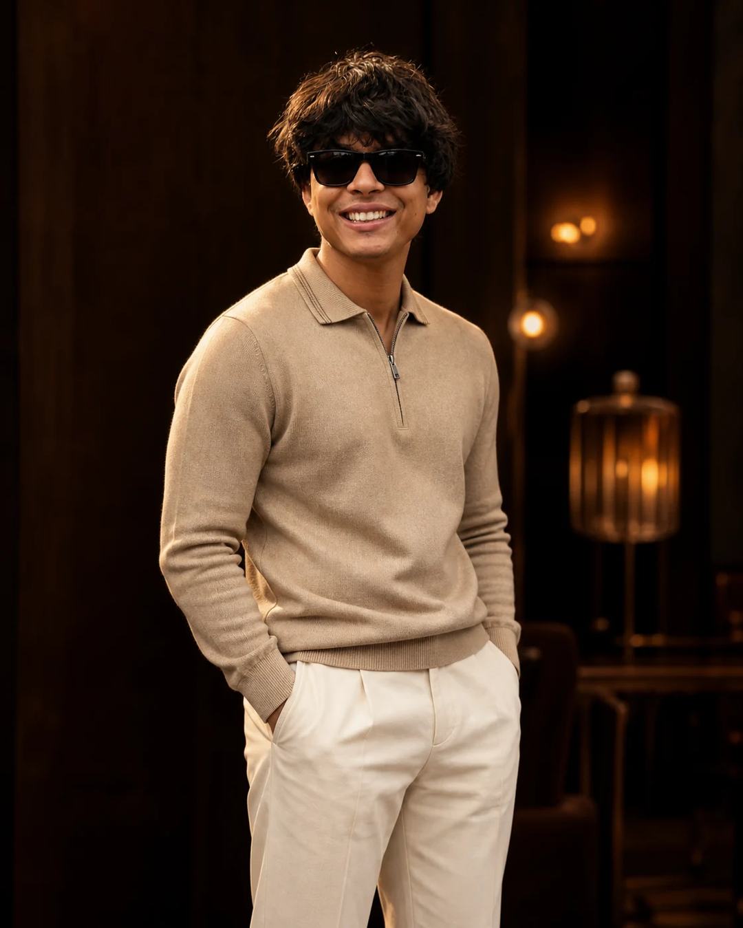 Beige Quarter-Zip Cinematic Editorial Portrait Prompt, image 2