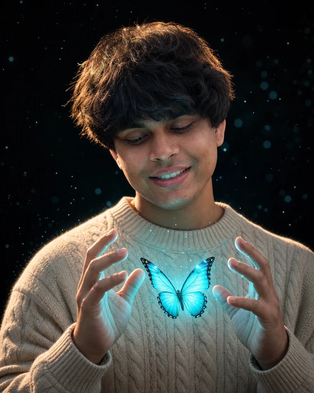 Turquoise Butterfly Cinematic Portrait Prompt, image 2
