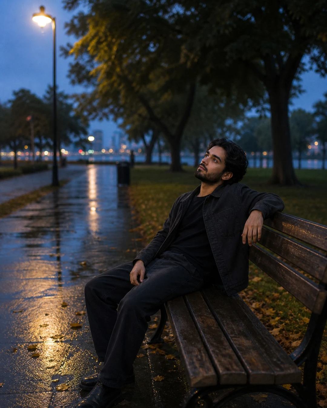 Quiet Park Bench Blue Hour Portrait Photo Prompt, image 2