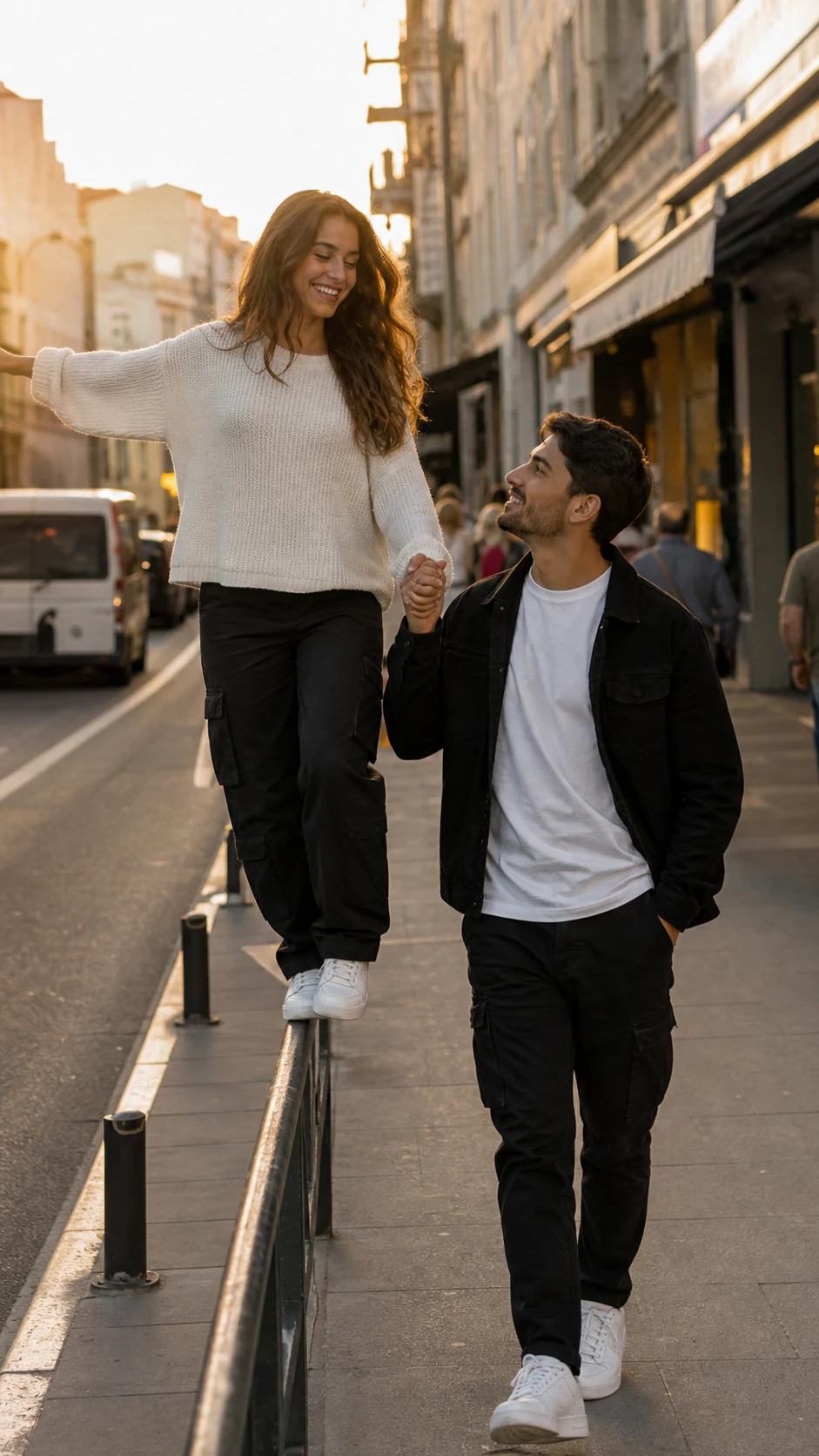 Golden-Hour Handrail Street Stroll Couple Prompt, image 4