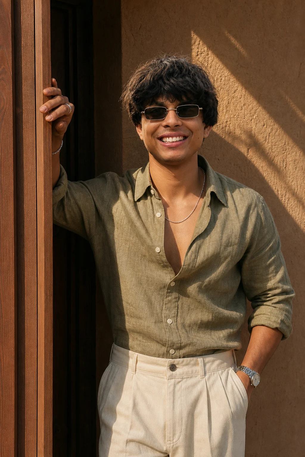 Golden Hour Doorframe Fashion Portrait Prompt, image 2
