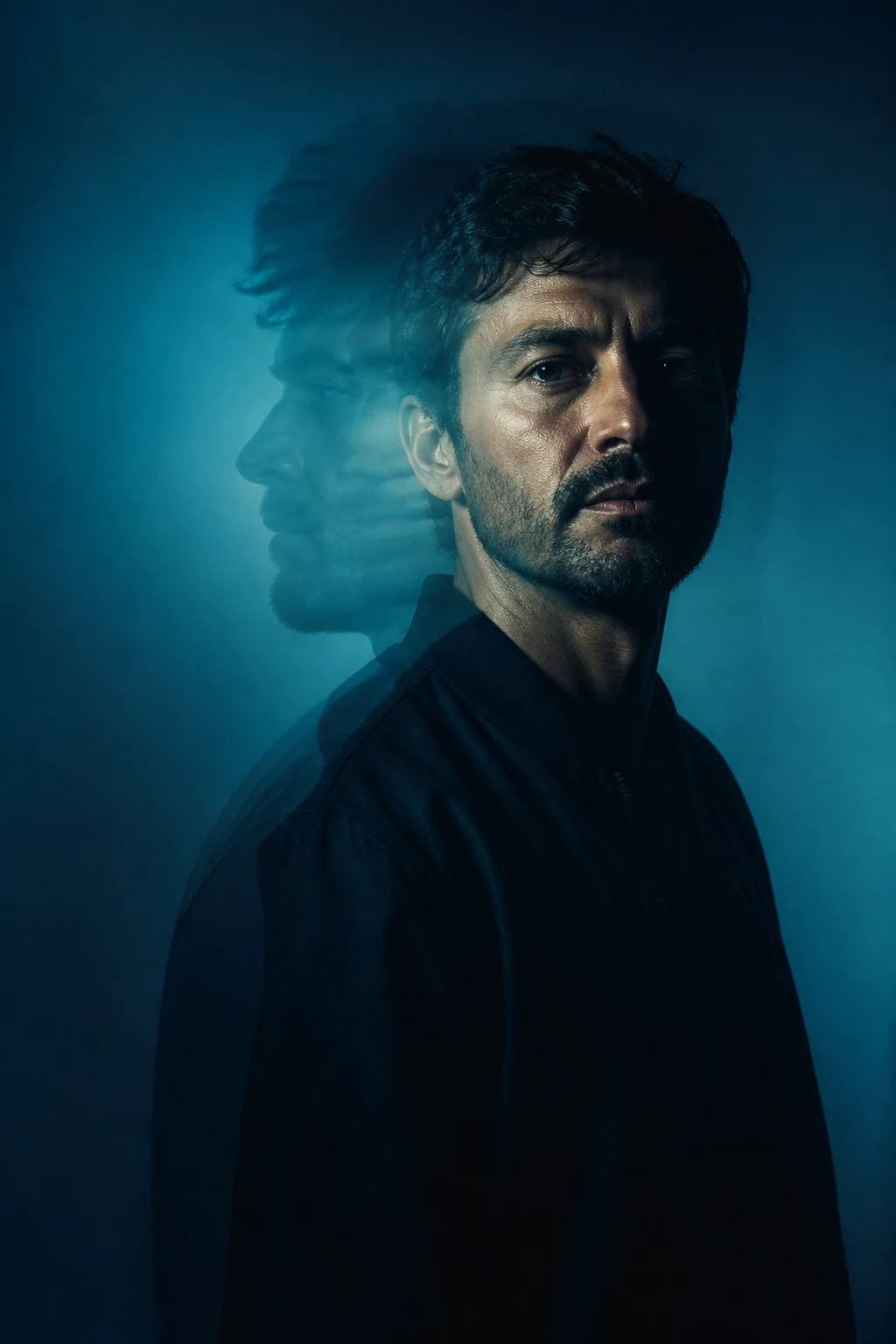 Teal Cyan Double-Exposure Portrait Poster Prompt, image 3