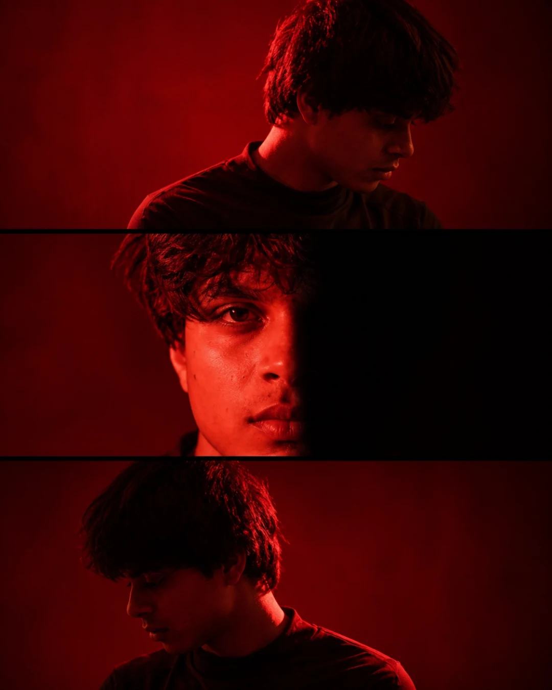 Crimson Three-Panel Portrait Collage AI Prompt, image 2