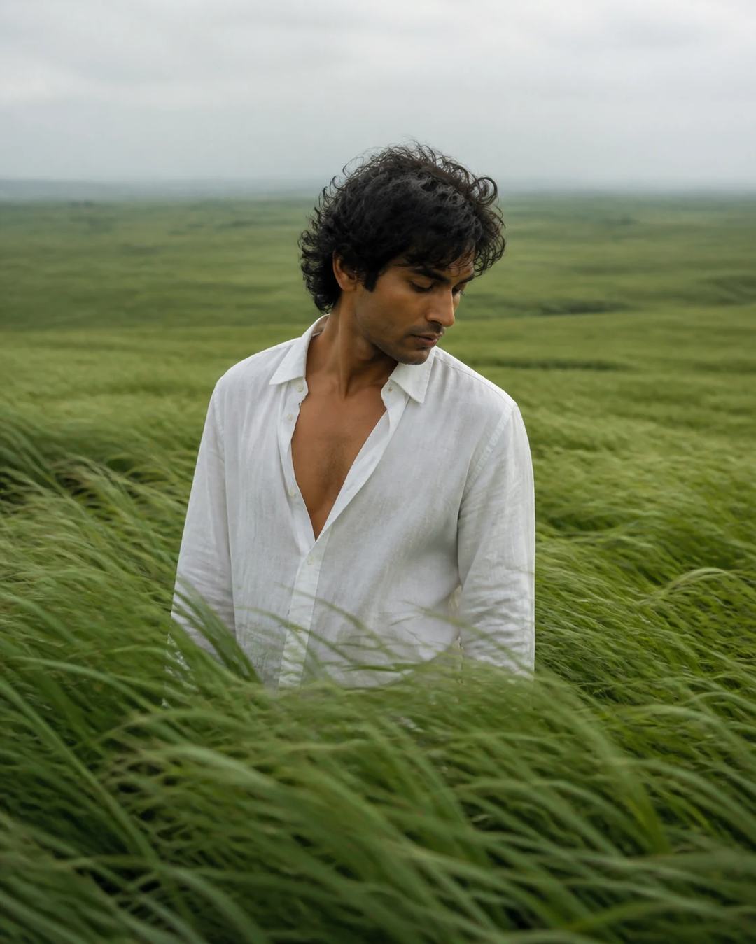 Windy Green Field White Linen Portrait Prompt, image 4