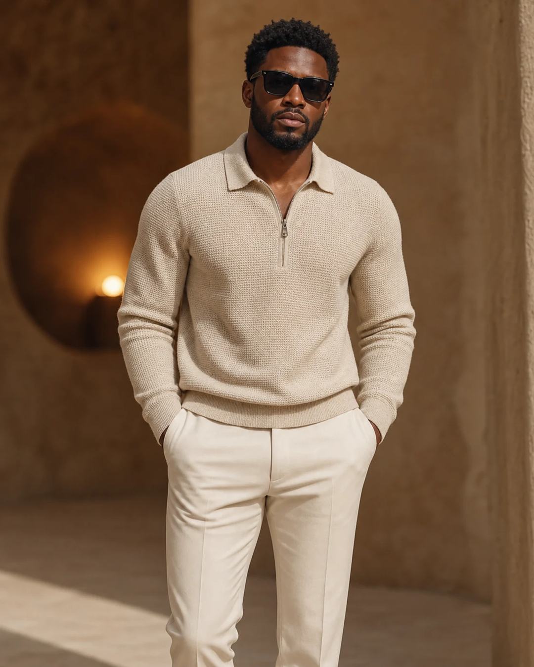 Beige Quarter-Zip Cinematic Editorial Portrait Prompt, image 3