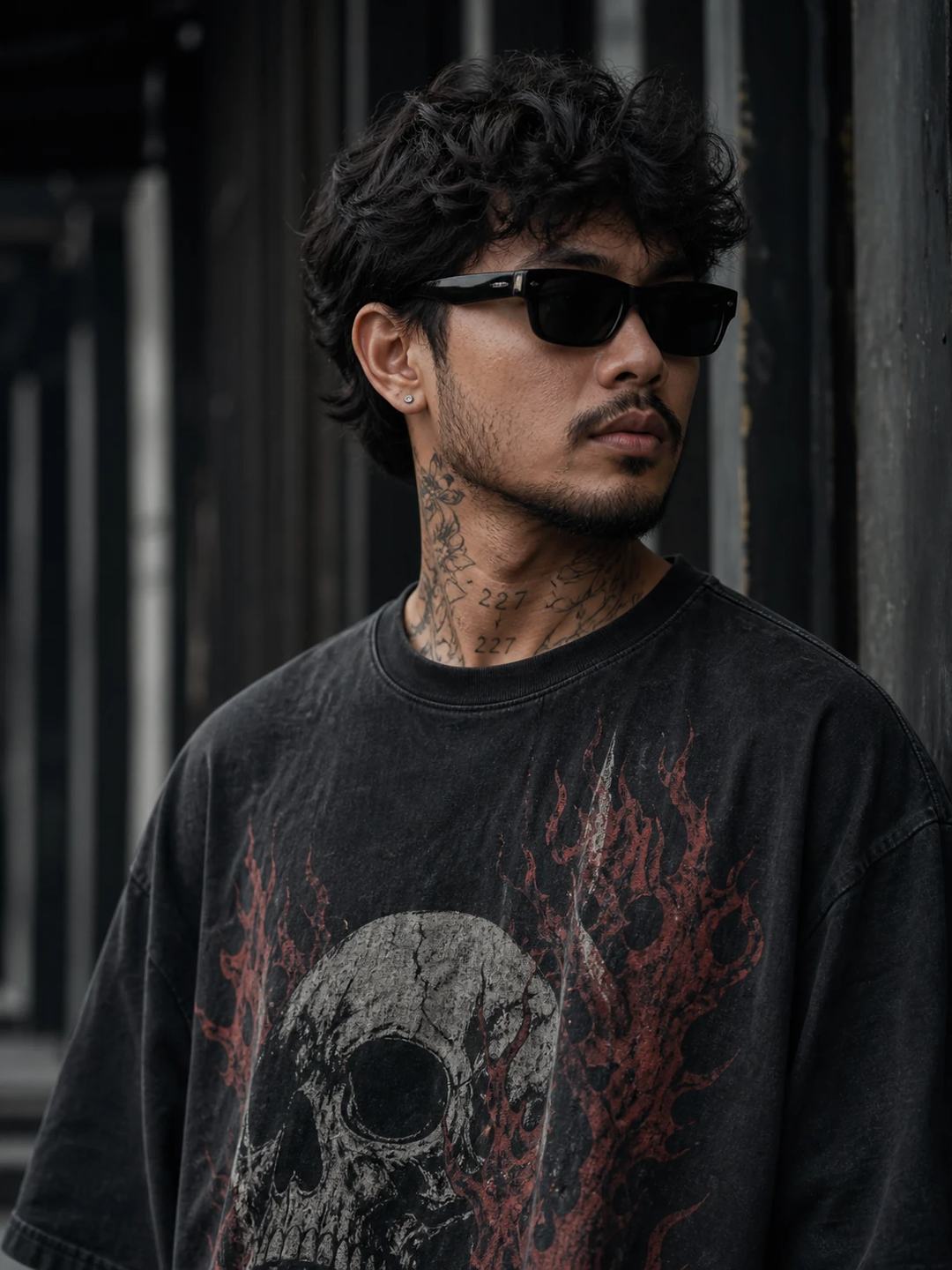Cinematic Moody Neck Tattoo Graphic Tee Portrait Prompt, image 4