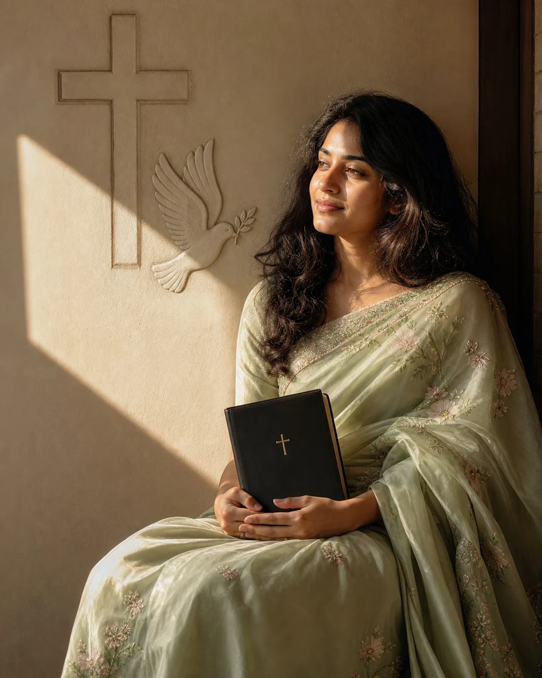 Light Green Saree Golden Faith Portrait Prompt — image 3