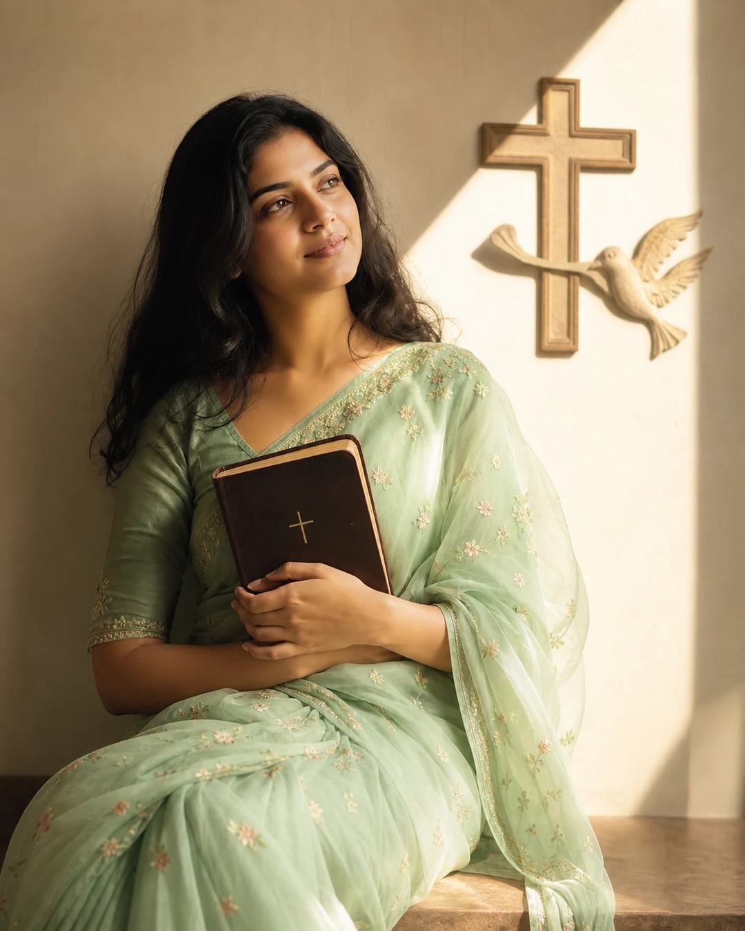 Light Green Saree Golden Faith Portrait Prompt — image 2