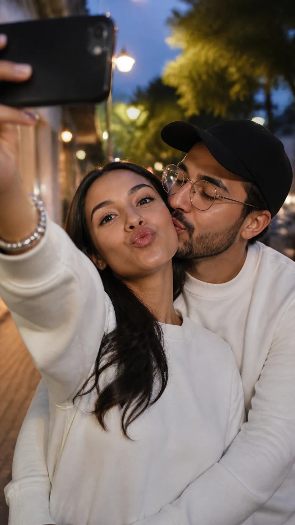 Candid Dusk Cheek-Kiss Couple Selfie Photo Prompt, image 3
