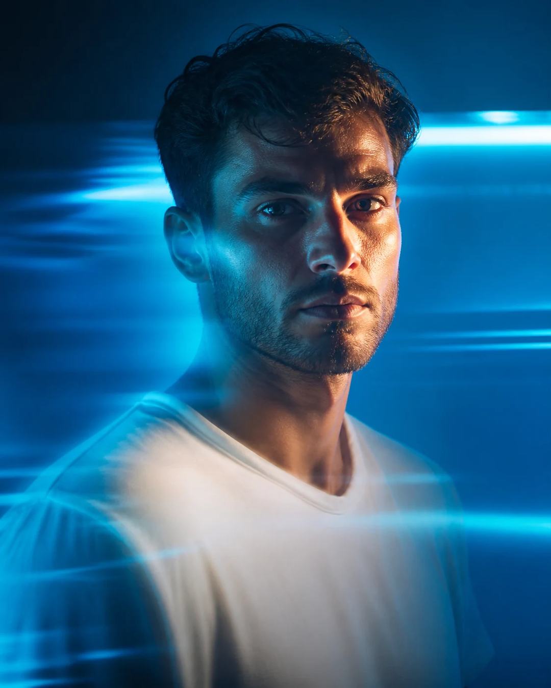 Electric Blue Futuristic White Shirt Portrait Prompt, image 2