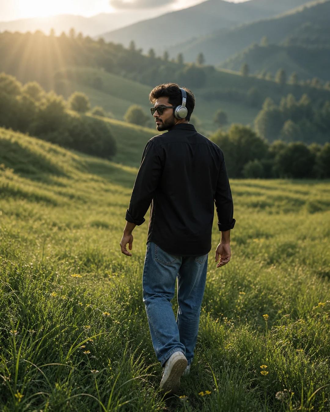 Golden Hour Meadow Headphones Walking Photo Prompt, image 3