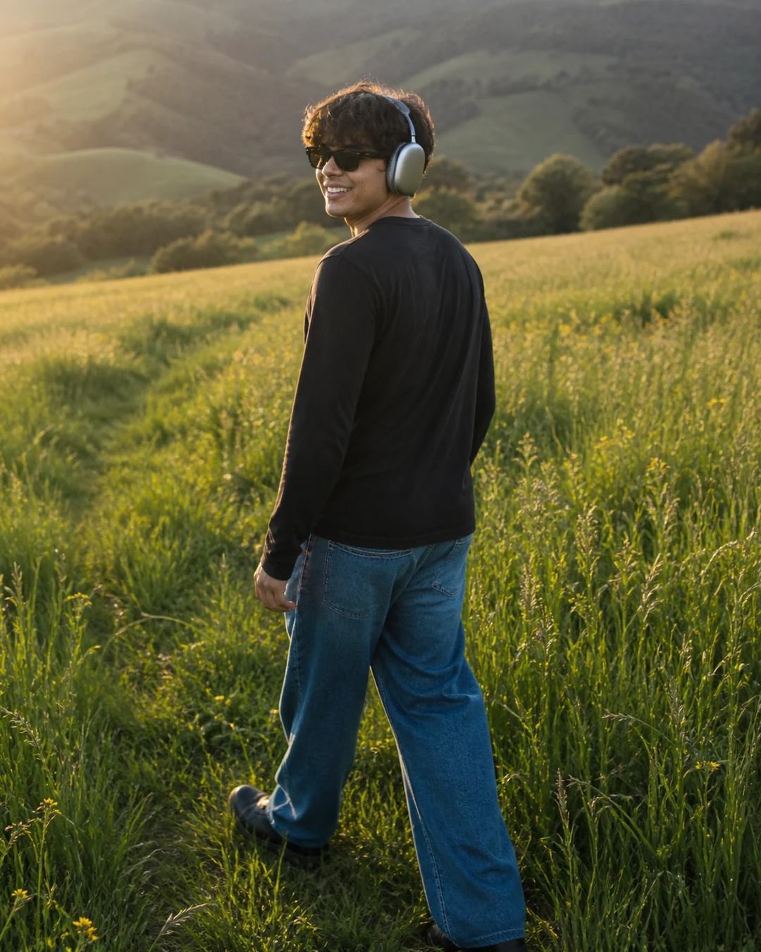Golden Hour Meadow Headphones Walking Photo Prompt, image 2