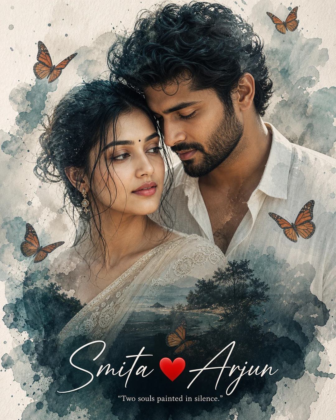 South Indian Watercolor Double-Exposure Couple Prompt — image 1