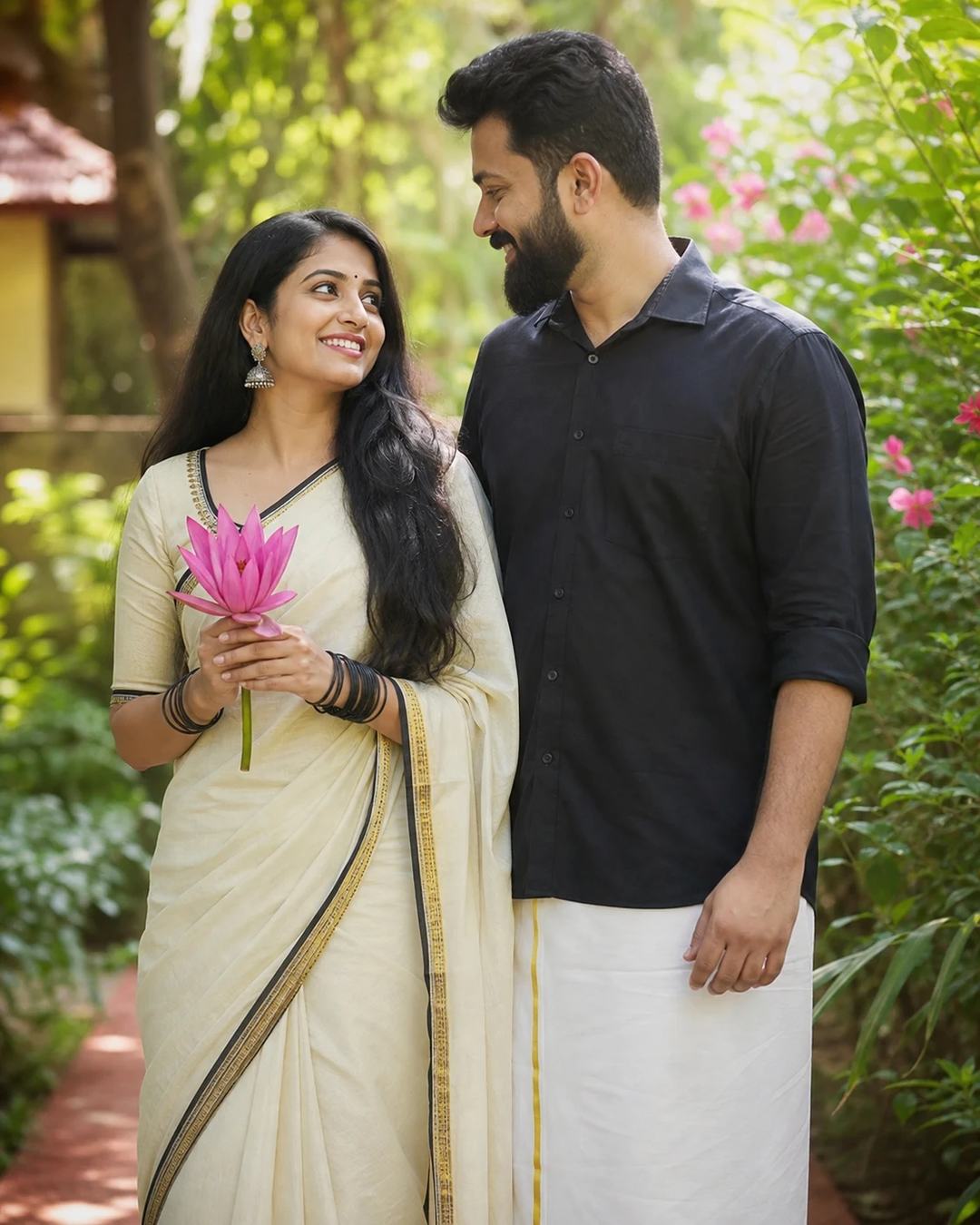 Kerala Saree Lotus Romantic Couple Portrait Prompt — image 4