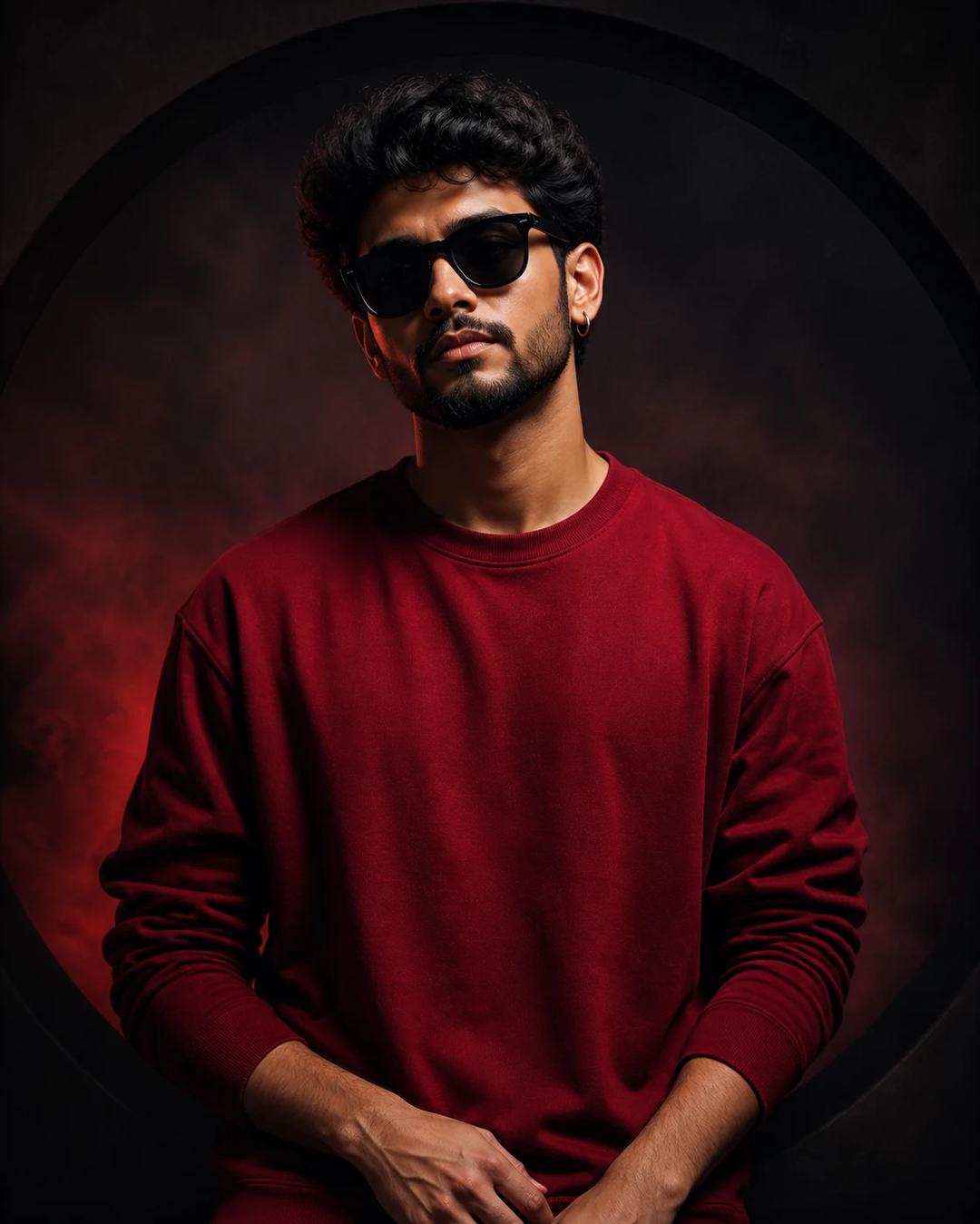 Red Sweatshirt Cinematic Studio Portrait Prompt, image 3