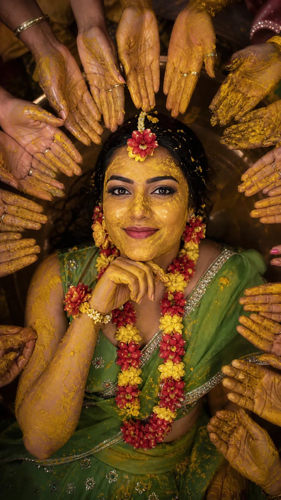 Overhead Haldi Hands Halo Bridal Portrait Prompt, image 2