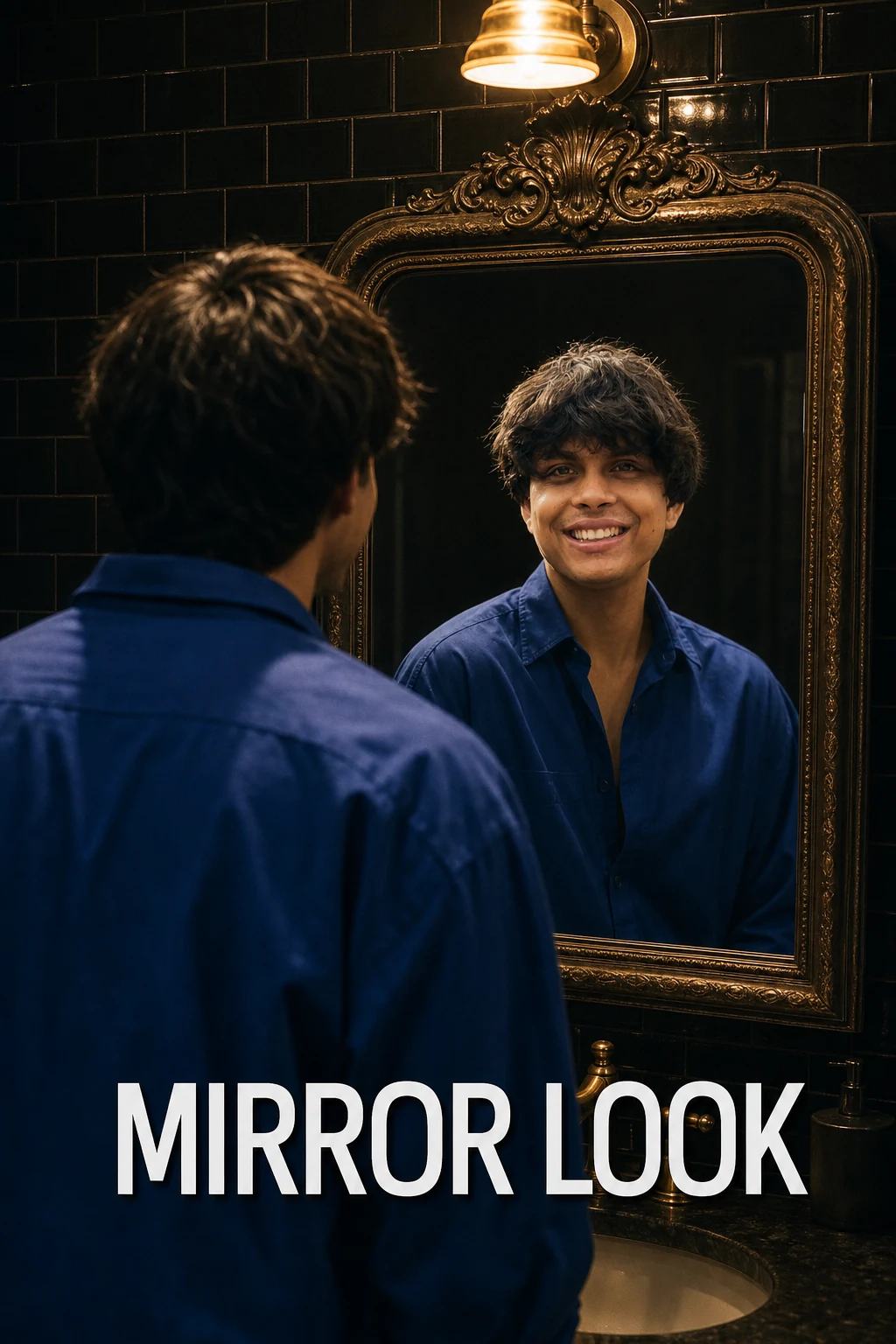 Cinematic Bathroom Mirror Over-Shoulder Portrait Prompt, image 1