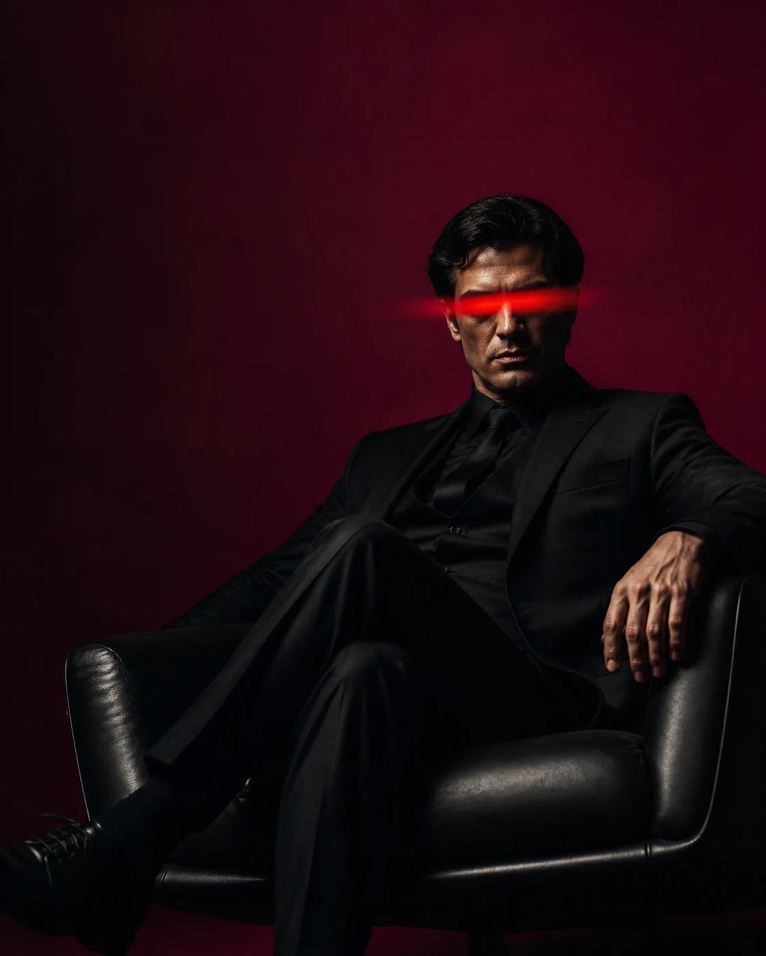 Red Eye Motion Blur Black Suit Portrait Prompt, image 3