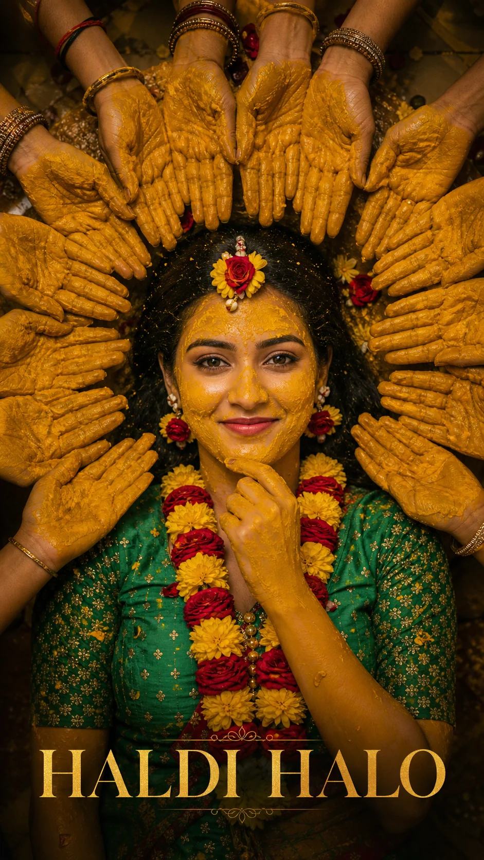 Overhead Haldi Hands Halo Bridal Portrait Prompt, image 1