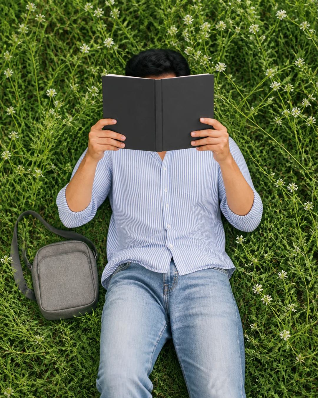 Lying on Back with Book Over Face Photo Prompt, image 4