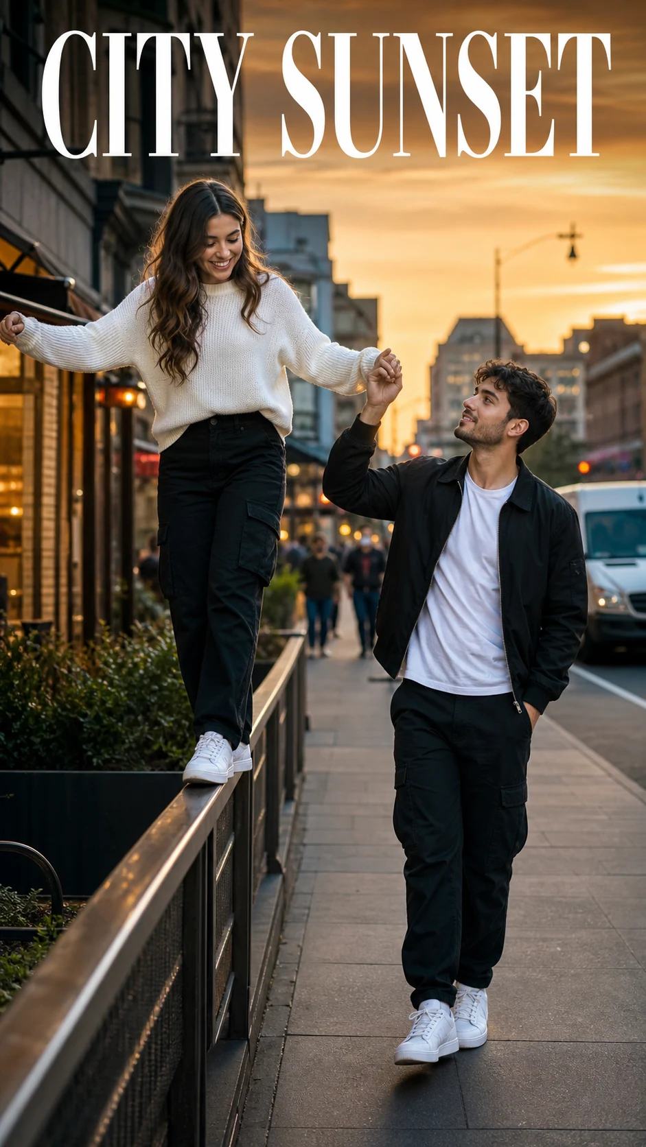 Golden-Hour Handrail Street Stroll Couple Prompt, image 1