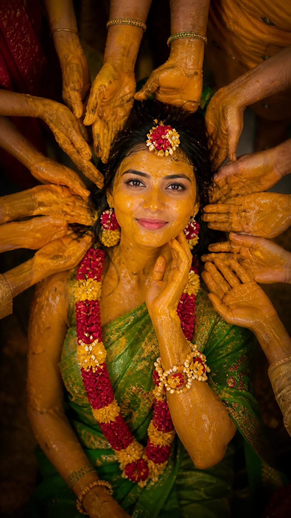 Overhead Haldi Hands Halo Bridal Portrait Prompt, image 3