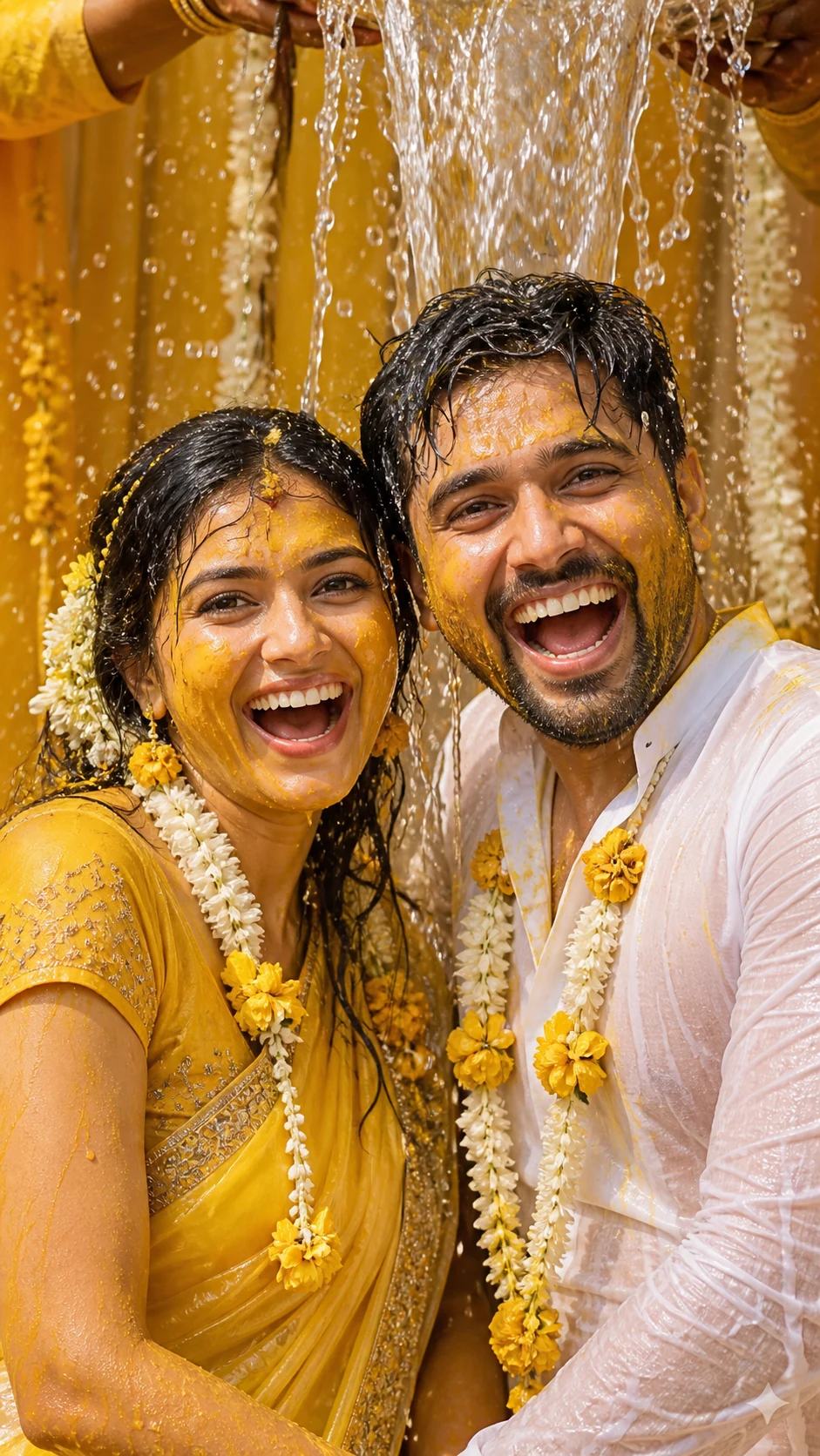Joyful Water Splash Haldi Couple Portrait Prompt, image 4