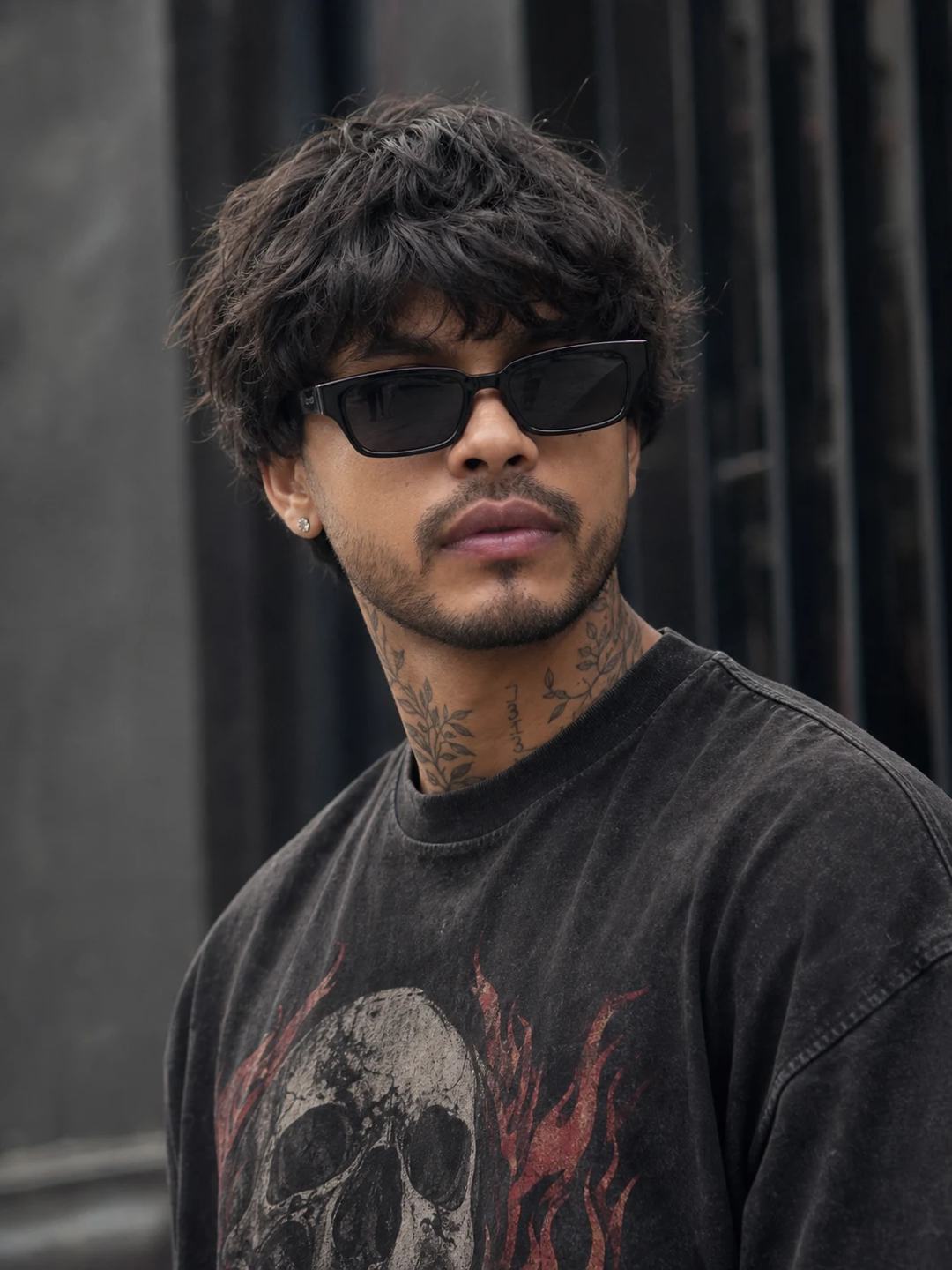 Cinematic Moody Neck Tattoo Graphic Tee Portrait Prompt, image 2