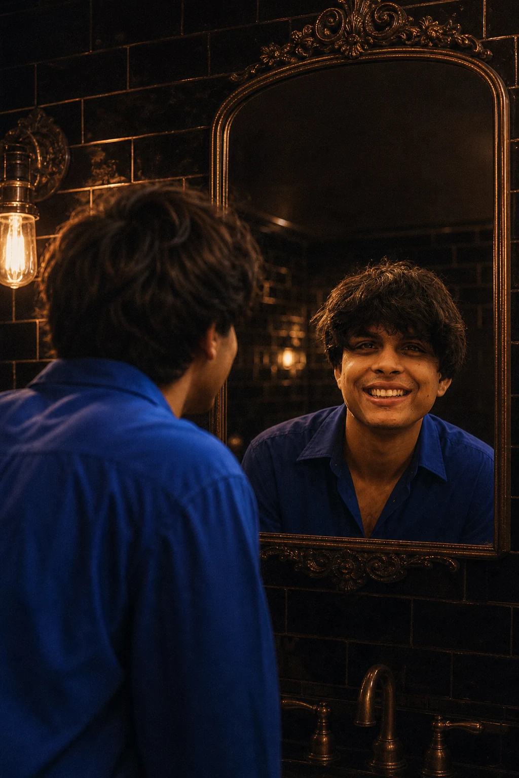 Cinematic Bathroom Mirror Over-Shoulder Portrait Prompt, image 2