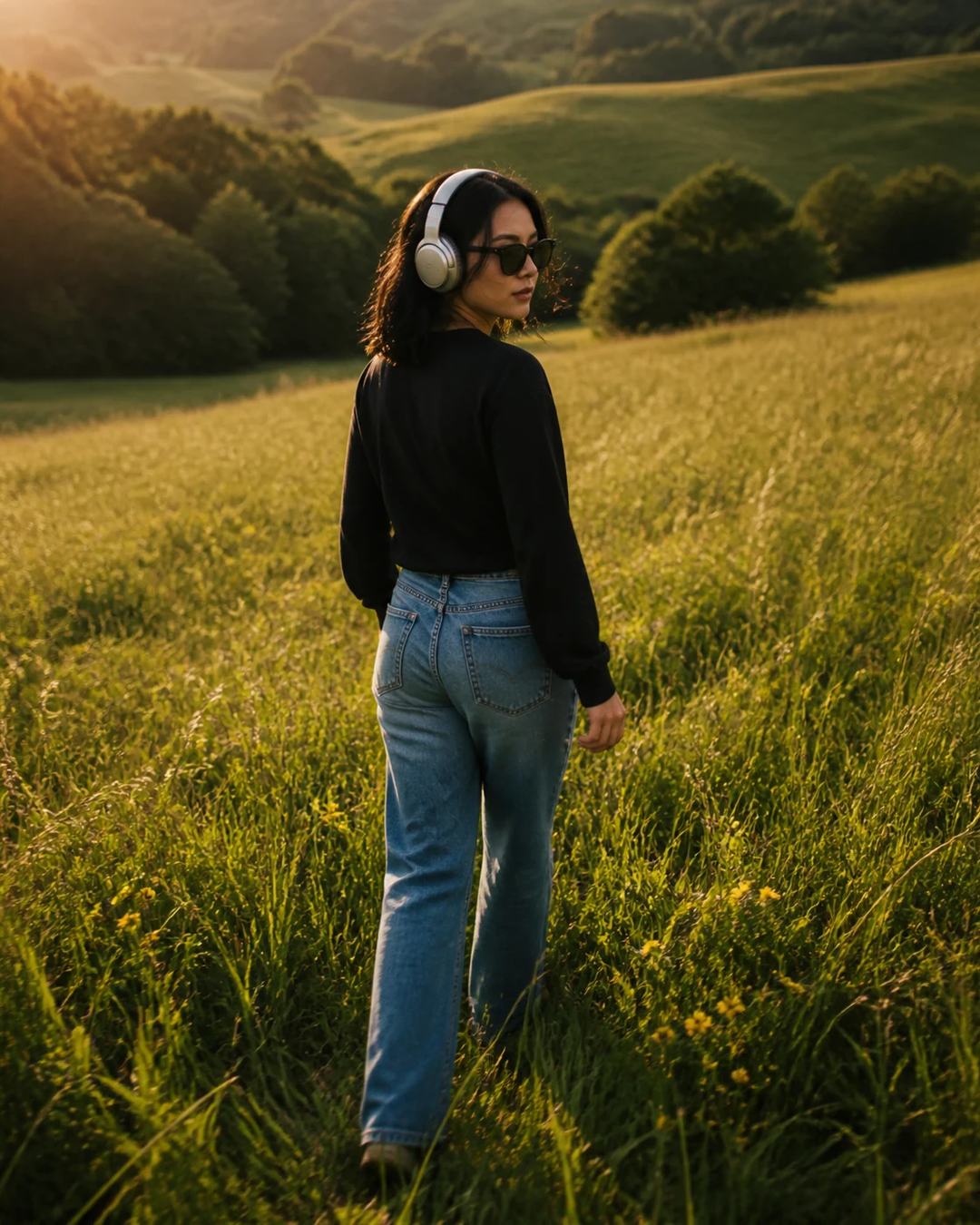Golden Hour Meadow Headphones Walking Photo Prompt, image 4