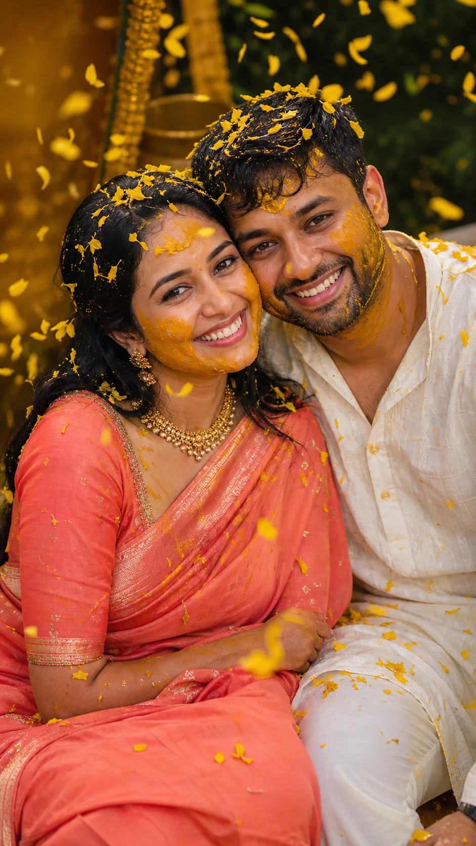 Dreamy Cheek-to-Cheek Haldi Couple Portrait Prompt, image 3