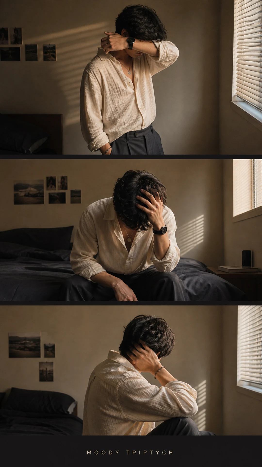 Three-Frame Moody Bedroom Fashion Triptych Prompt, image 1