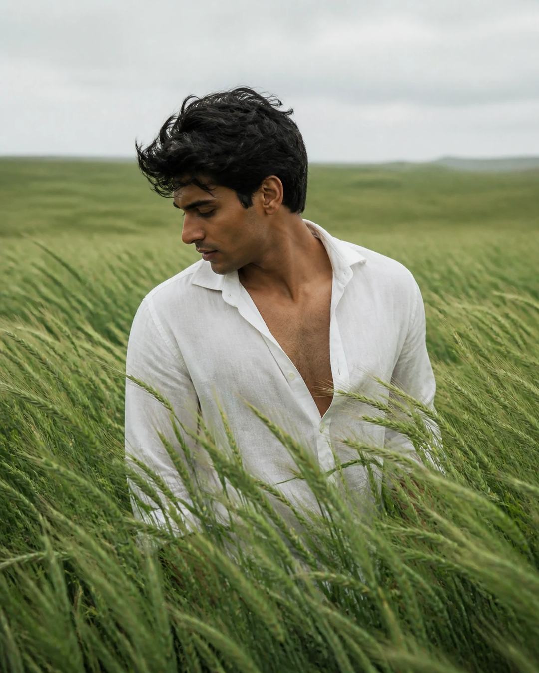Windy Green Field White Linen Portrait Prompt, image 3