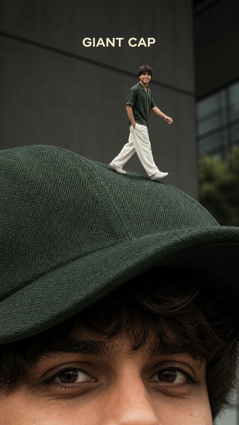 Giant Nike Cap Forced-Perspective Fashion Prompt, image 1