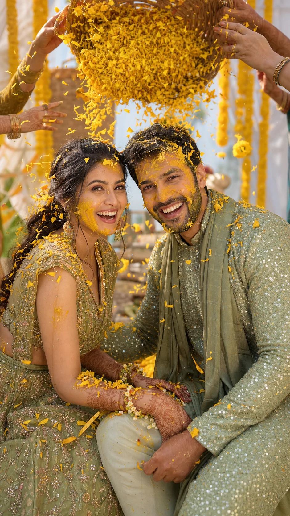 Festive Face-to-Face Haldi Couple Photo Prompt, image 1