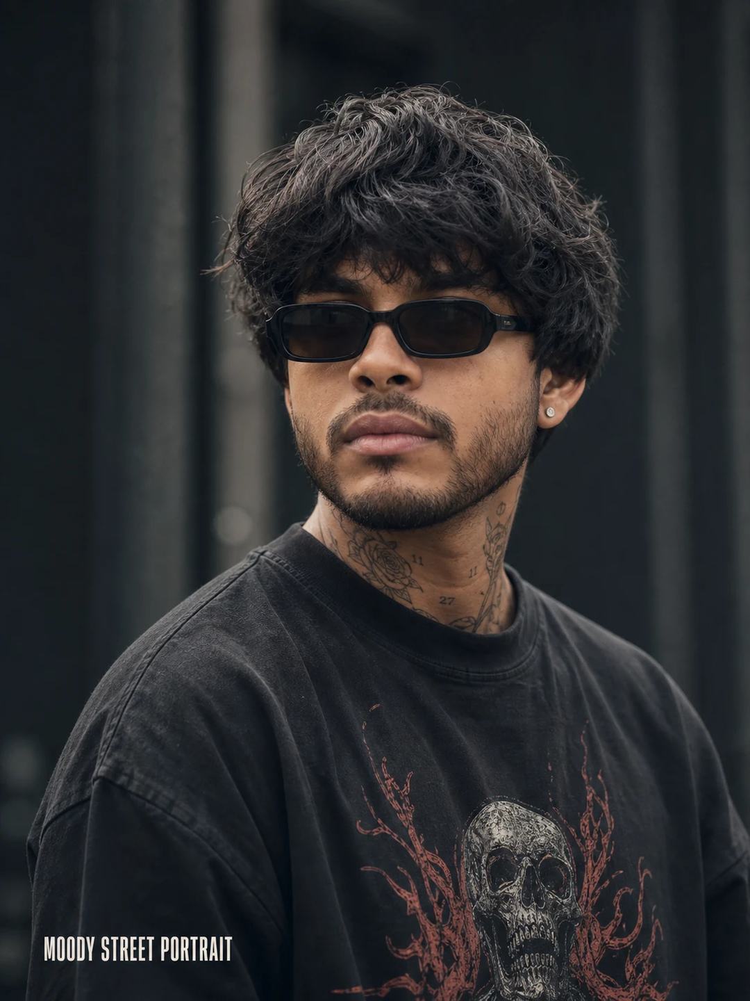 Cinematic Moody Neck Tattoo Graphic Tee Portrait Prompt, image 1