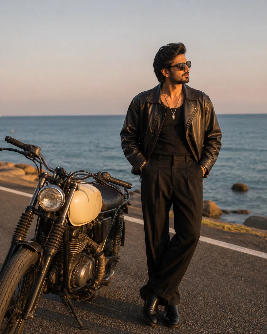 Coastal Motorcycle Golden Hour Fashion Prompt, image 2