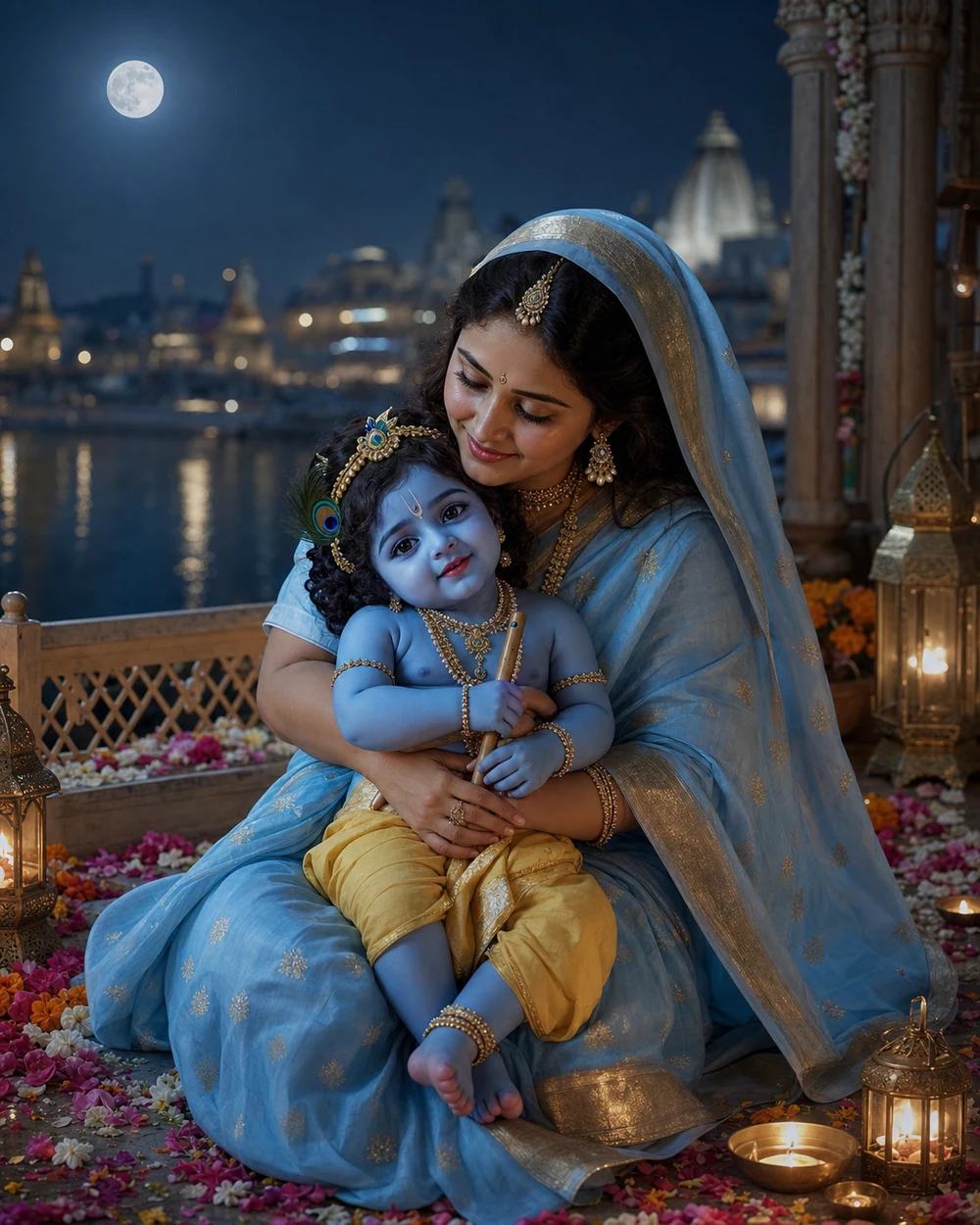 Maa Yashoda and Baby Krishna Moonlight AI Prompt — image 1